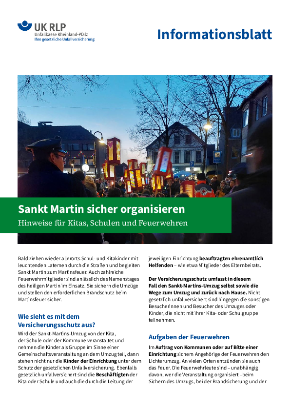 Sankt-Martins-Umzüge Titelblatt des Informationsblatts "Sankt Martin sicher organisieren"